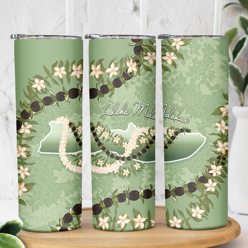 Hawaii Molokai Island Flowers Lei Skinny Tumbler Kukui Nut Mossy Green