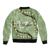 Hawaii Molokai Island Flowers Lei Sleeve Zip Bomber Jacket Kukui Nut Mossy Green