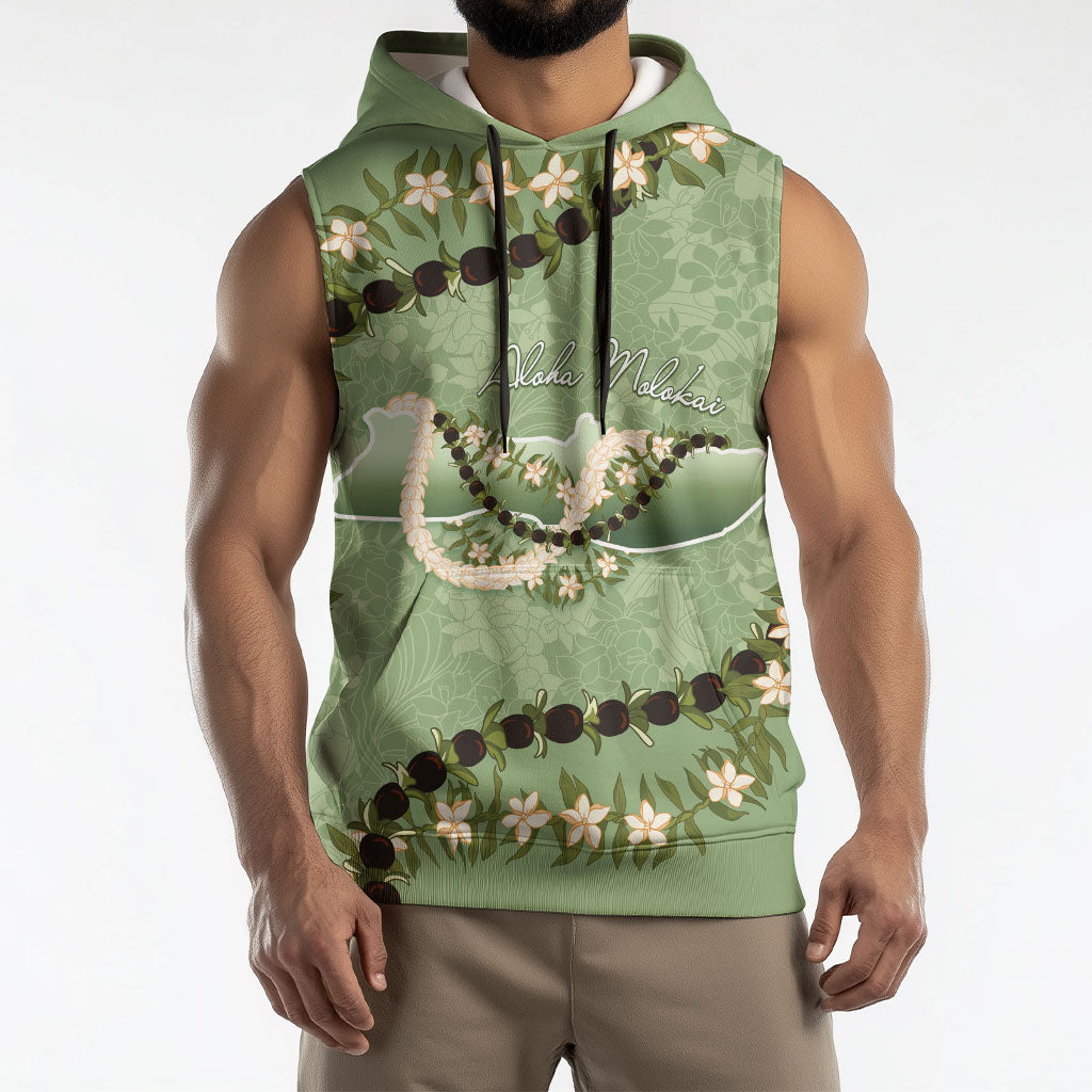 Hawaii Molokai Island Flowers Lei Sleeveless Hoodie Kukui Nut Mossy Green
