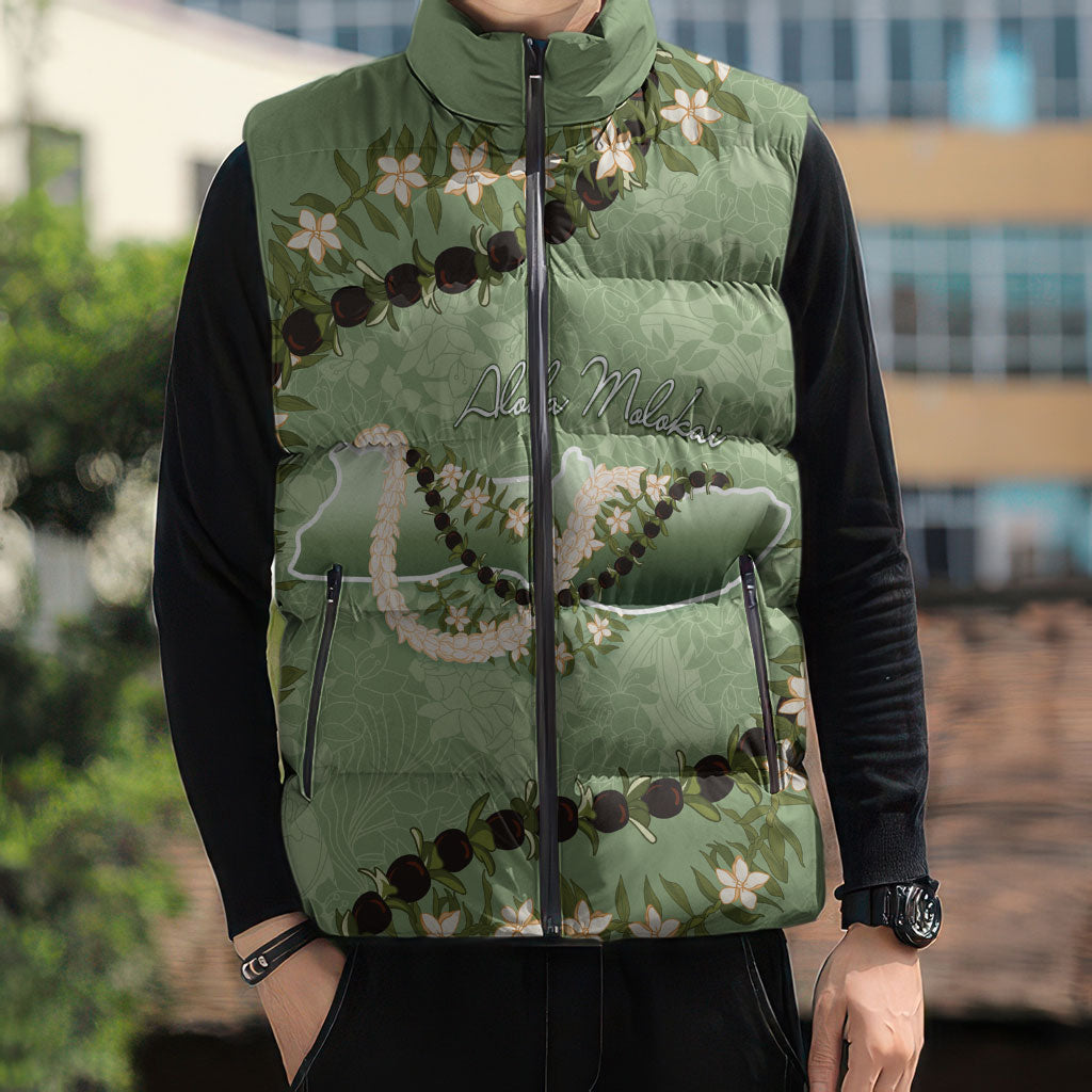 Hawaii Molokai Island Flowers Lei Sleeveless Puffer Jacket Kukui Nut Mossy Green