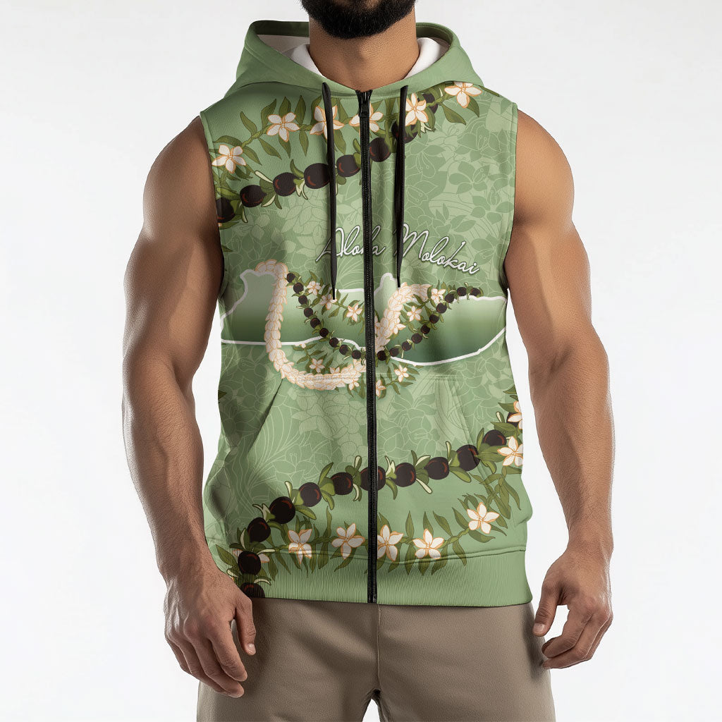 Hawaii Molokai Island Flowers Lei Sleeveless Zip Hoodie Kukui Nut Mossy Green