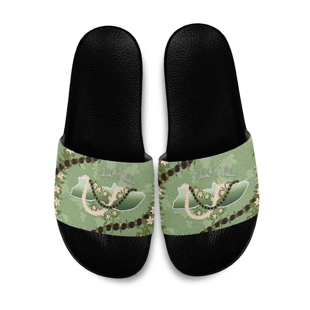 Hawaii Molokai Island Flowers Lei Slide Sandals Kukui Nut Mossy Green