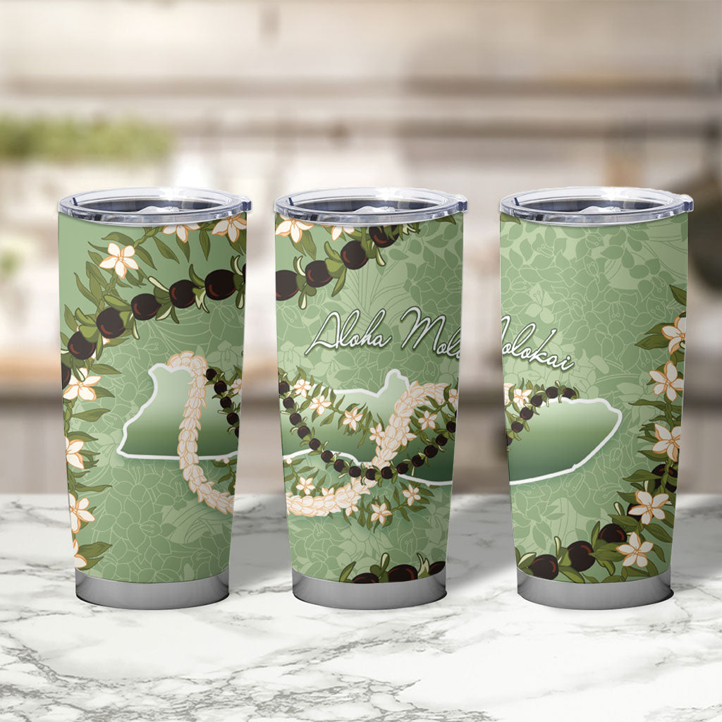 Hawaii Molokai Island Flowers Lei Tumbler Cup Kukui Nut Mossy Green