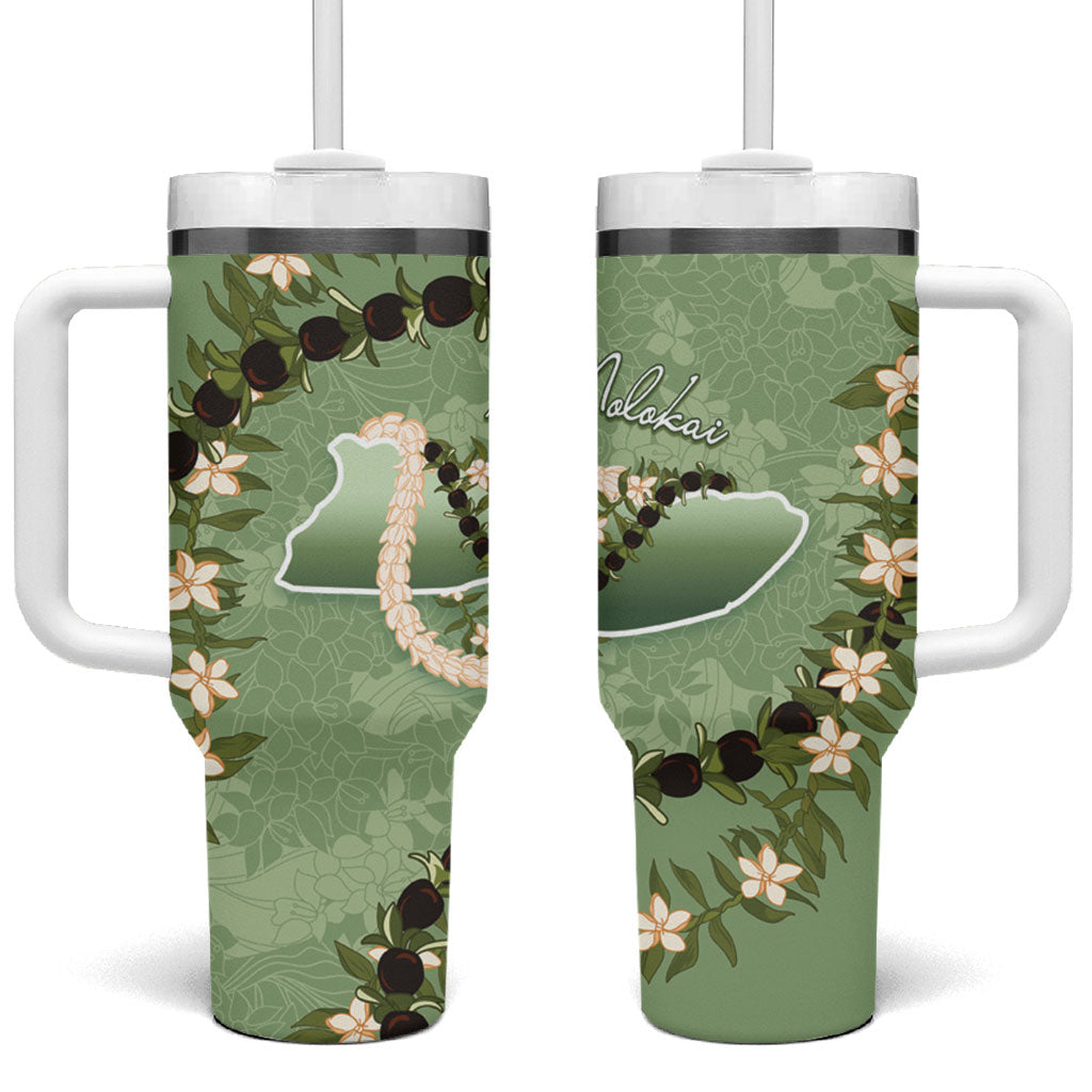Hawaii Molokai Island Flowers Lei Tumbler With Handle Kukui Nut Mossy Green