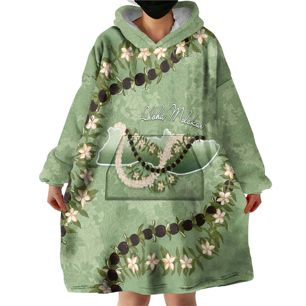 Hawaii Molokai Island Flowers Lei Wearable Blanket Hoodie Kukui Nut Mossy Green