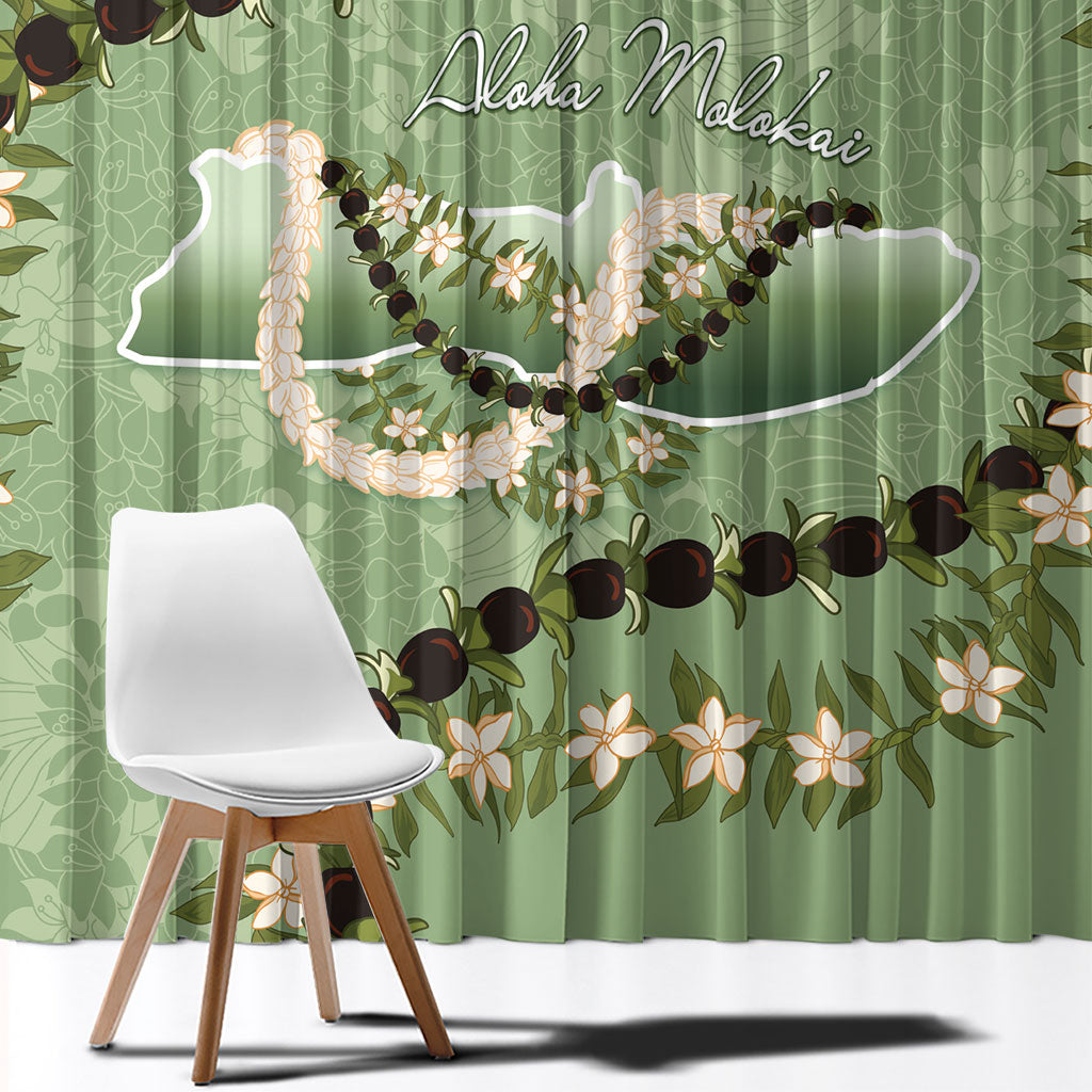 Hawaii Molokai Island Flowers Lei Window Curtain Kukui Nut Mossy Green