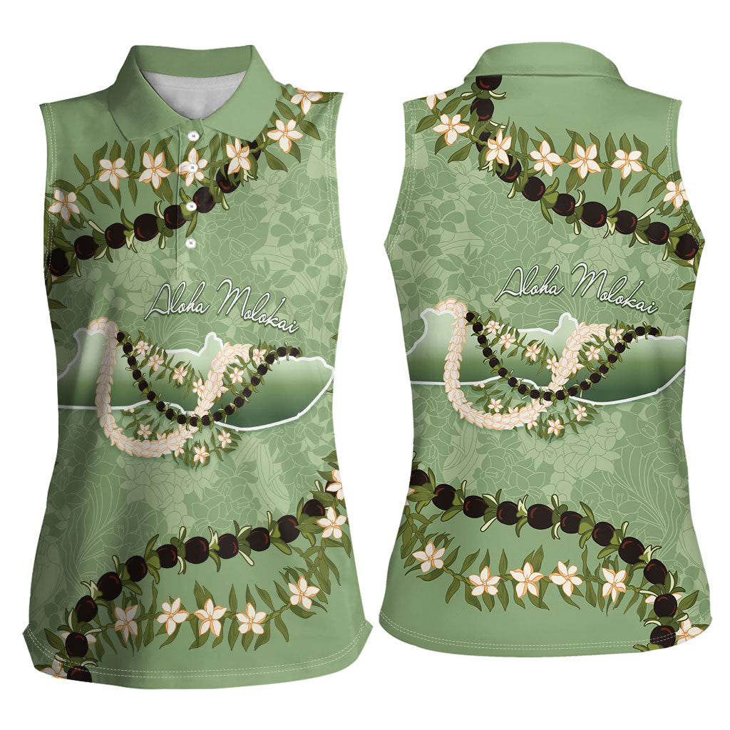 Hawaii Molokai Island Flowers Lei Women Sleeveless Polo Shirt Kukui Nut Mossy Green