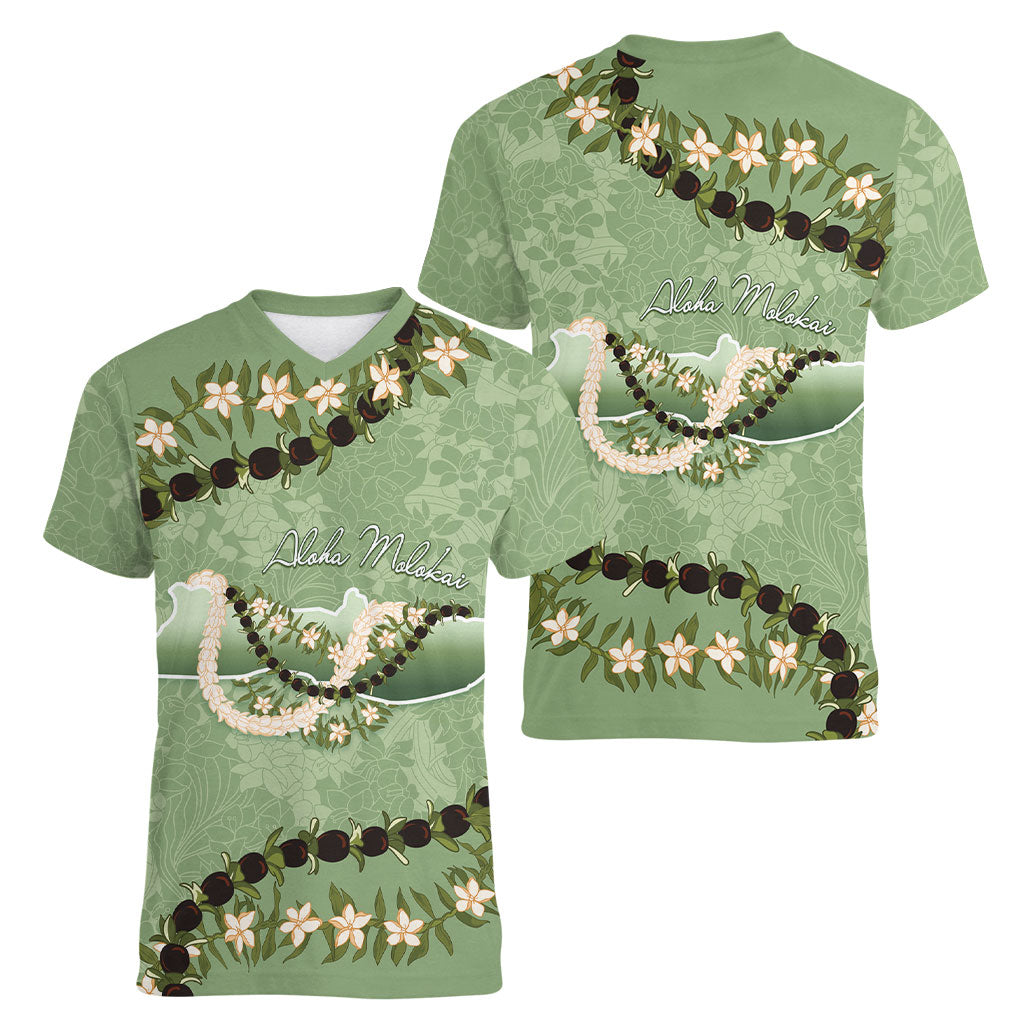 Hawaii Molokai Island Flowers Lei Women V-Neck T-Shirt Kukui Nut Mossy Green