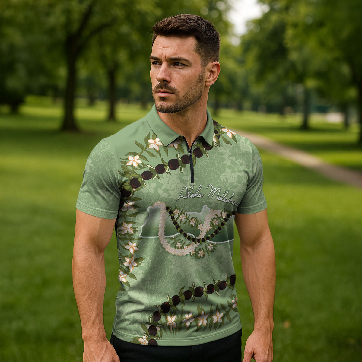 Hawaii Molokai Island Flowers Lei Zipper Polo Shirt Kukui Nut Mossy Green