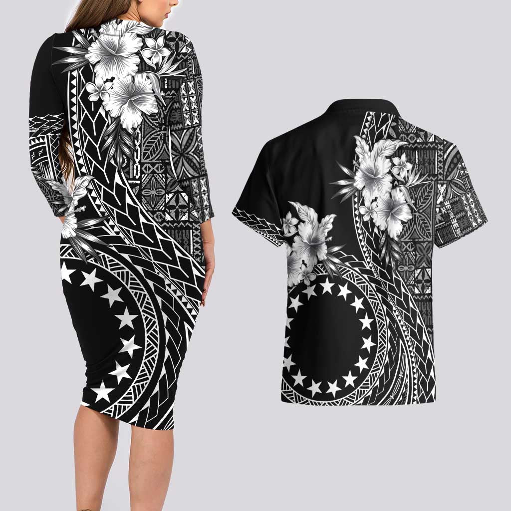 Kia Orana Cook Islands Couples Matching Long Sleeve Bodycon Dress and Hawaiian Shirt Tiare and Stars