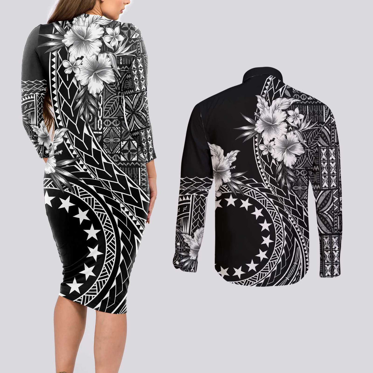 Kia Orana Cook Islands Couples Matching Long Sleeve Bodycon Dress and Long Sleeve Button Shirt Tiare and Stars