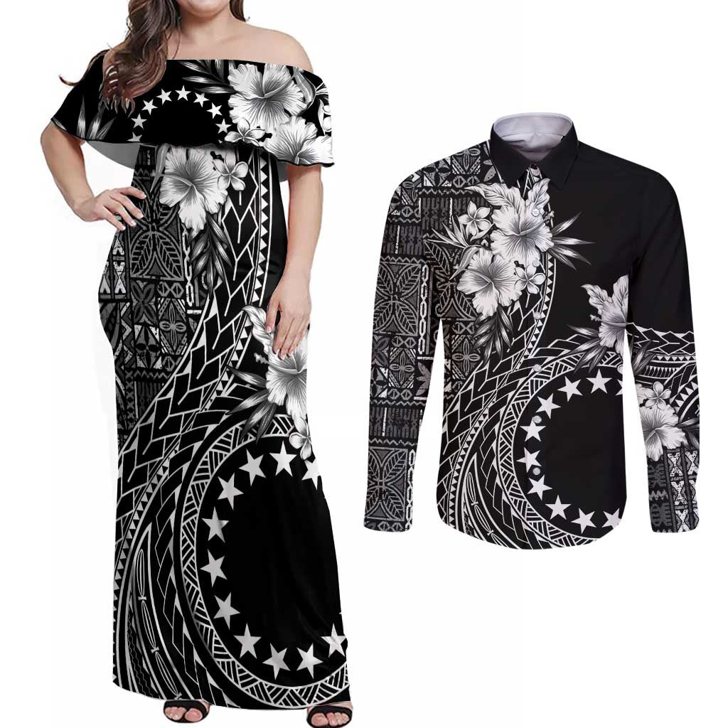 Kia Orana Cook Islands Couples Matching Off Shoulder Maxi Dress and Long Sleeve Button Shirt Tiare and Stars