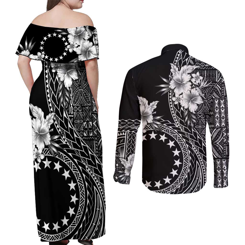 Kia Orana Cook Islands Couples Matching Off Shoulder Maxi Dress and Long Sleeve Button Shirt Tiare and Stars