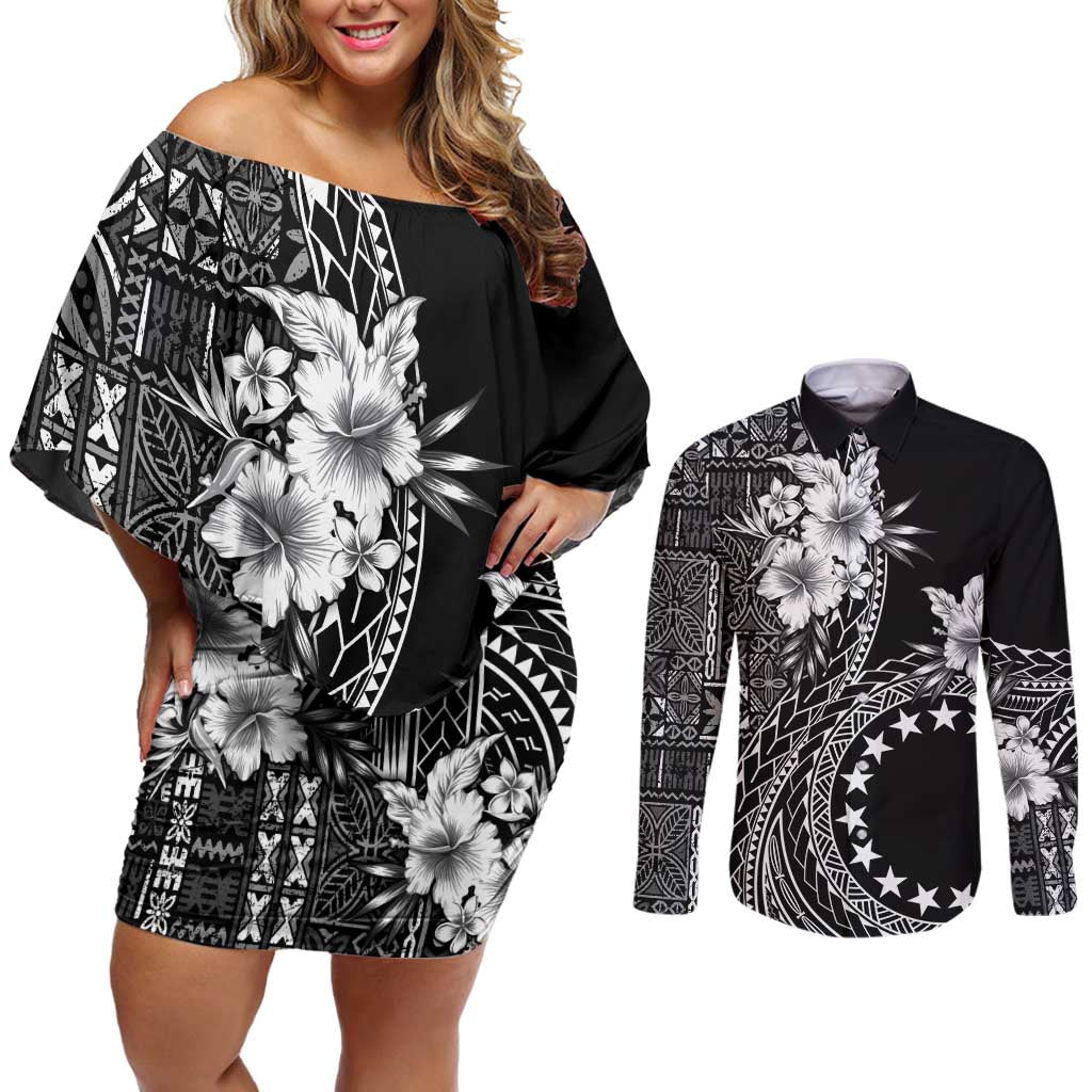 Kia Orana Cook Islands Couples Matching Off Shoulder Short Dress and Long Sleeve Button Shirt Tiare and Stars