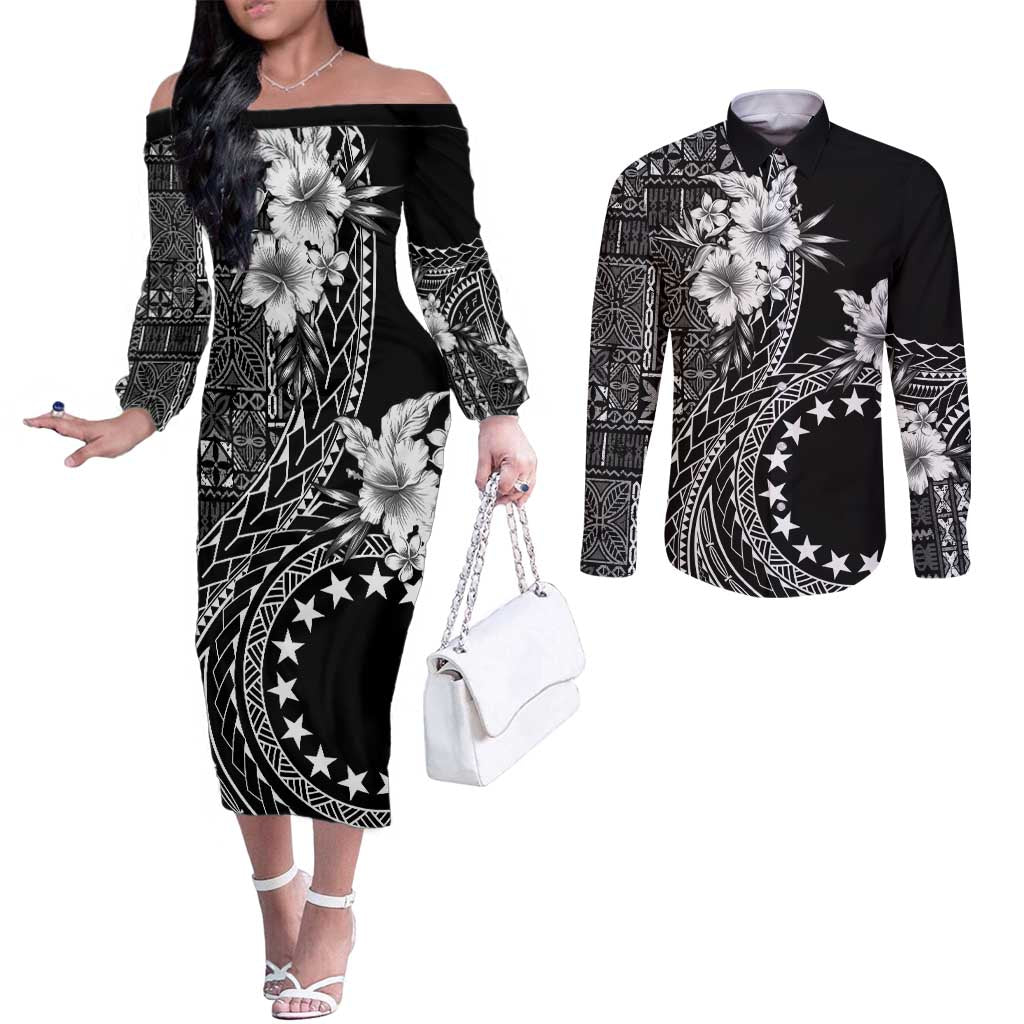 Kia Orana Cook Islands Couples Matching Off The Shoulder Long Sleeve Dress and Long Sleeve Button Shirt Tiare and Stars