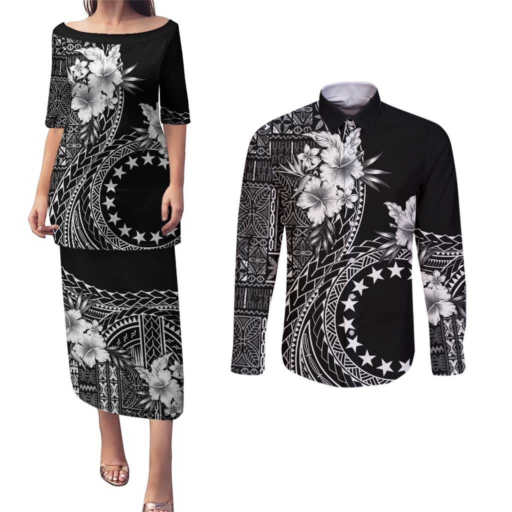 Kia Orana Cook Islands Couples Matching Puletasi and Long Sleeve Button Shirt Tiare and Stars
