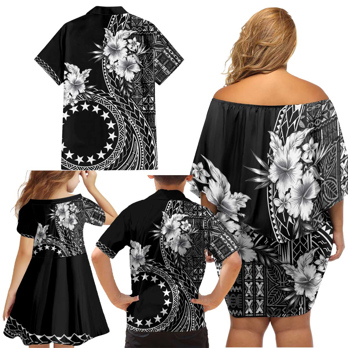 Kia Orana Cook Islands Family Matching Off Shoulder Short Dress and Hawaiian Shirt Tiare and Stars