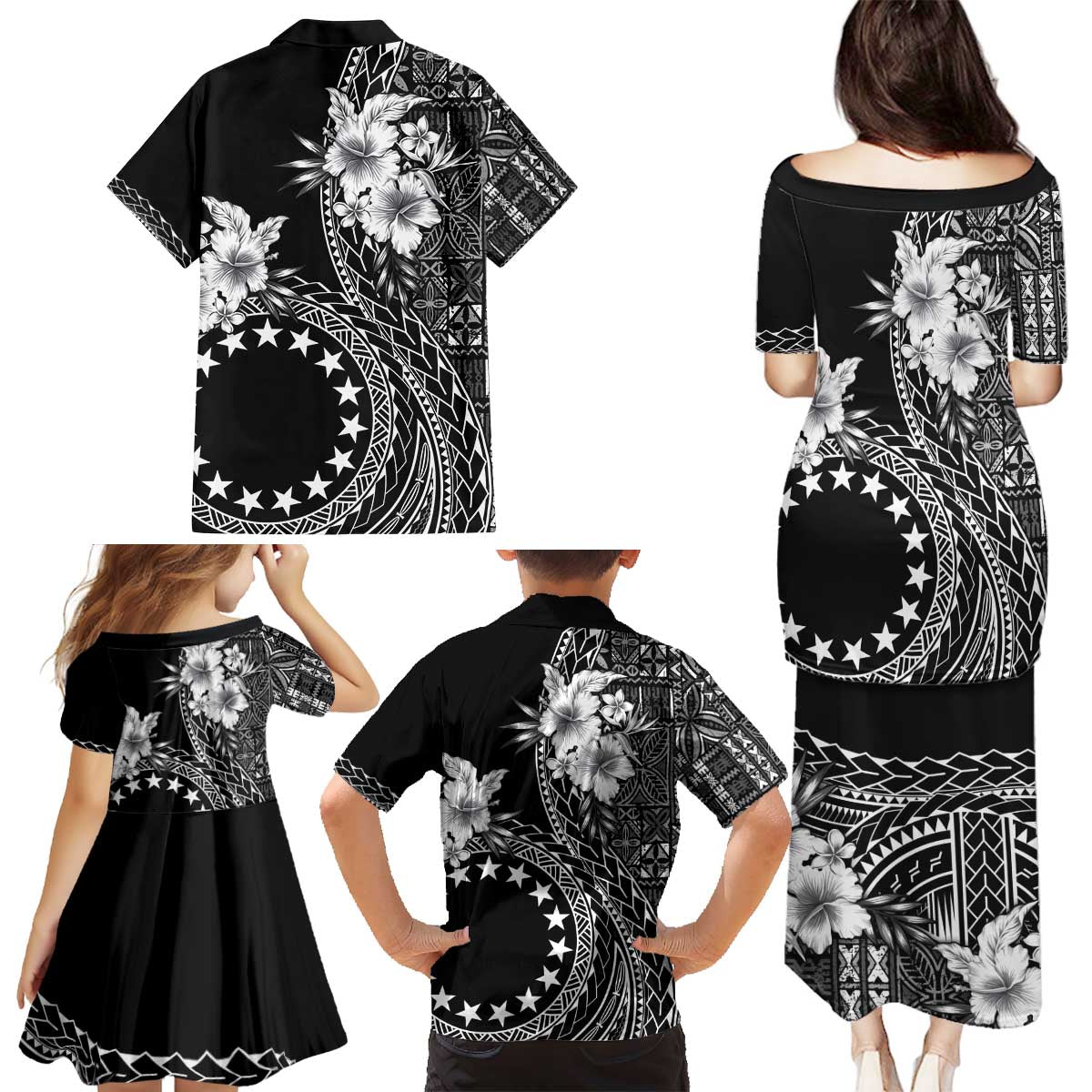 Kia Orana Cook Islands Family Matching Puletasi and Hawaiian Shirt Tiare and Stars