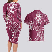 Kia Orana Cook Islands Couples Matching Long Sleeve Bodycon Dress and Hawaiian Shirt Tiare and Stars - Maroon