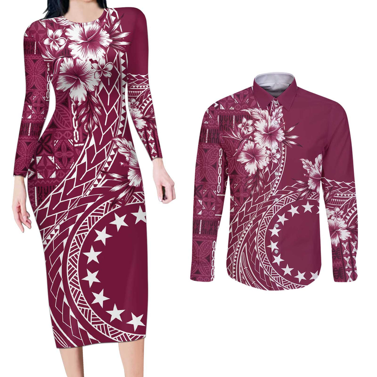 Kia Orana Cook Islands Couples Matching Long Sleeve Bodycon Dress and Long Sleeve Button Shirt Tiare and Stars - Maroon