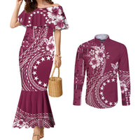 Kia Orana Cook Islands Couples Matching Mermaid Dress and Long Sleeve Button Shirt Tiare and Stars - Maroon