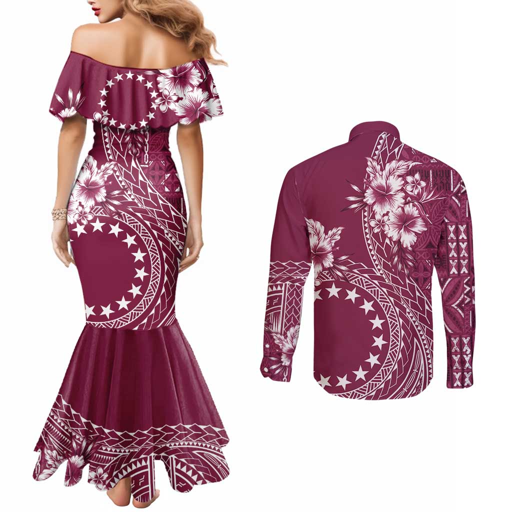 Kia Orana Cook Islands Couples Matching Mermaid Dress and Long Sleeve Button Shirt Tiare and Stars - Maroon