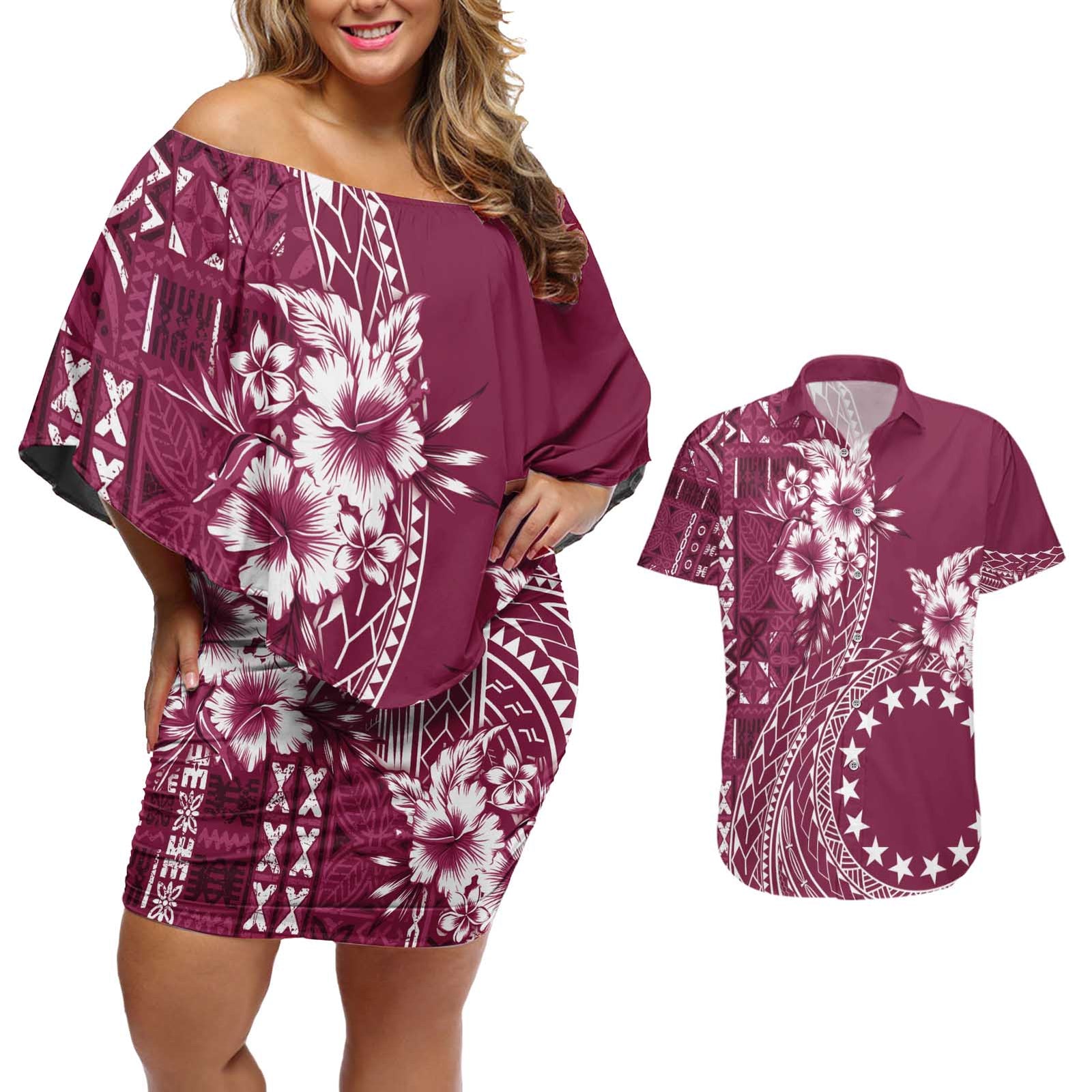 Kia Orana Cook Islands Couples Matching Off Shoulder Short Dress and Hawaiian Shirt Tiare and Stars - Maroon