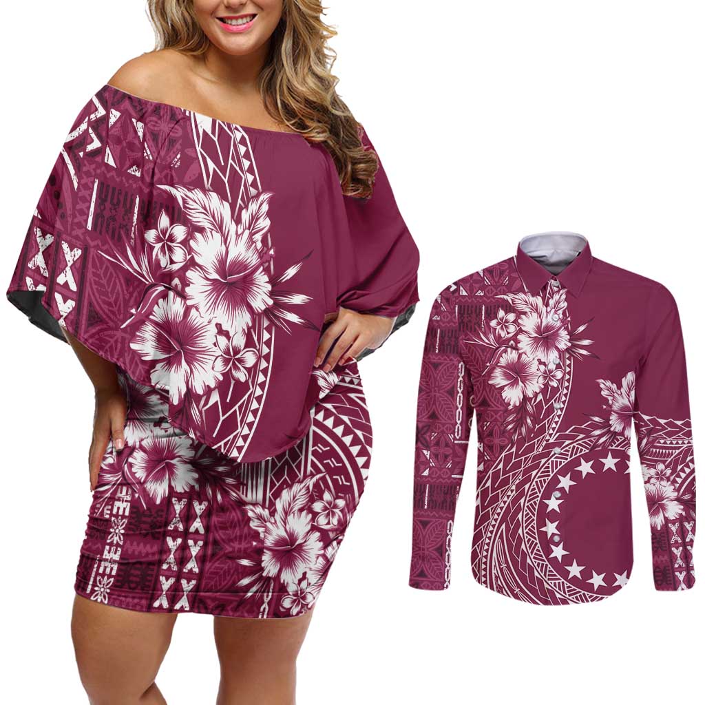 Kia Orana Cook Islands Couples Matching Off Shoulder Short Dress and Long Sleeve Button Shirt Tiare and Stars - Maroon