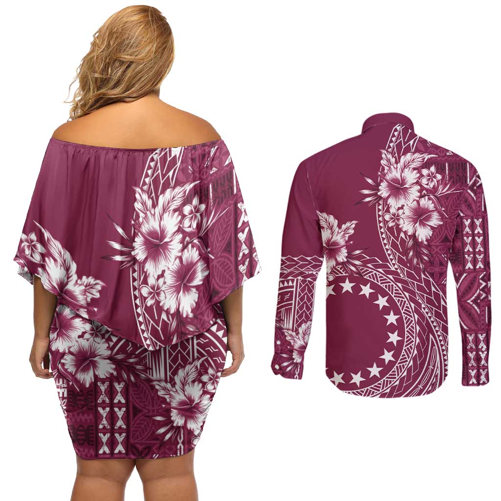 Kia Orana Cook Islands Couples Matching Off Shoulder Short Dress and Long Sleeve Button Shirt Tiare and Stars - Maroon