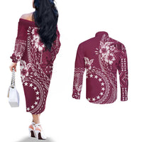 Kia Orana Cook Islands Couples Matching Off The Shoulder Long Sleeve Dress and Long Sleeve Button Shirt Tiare and Stars - Maroon