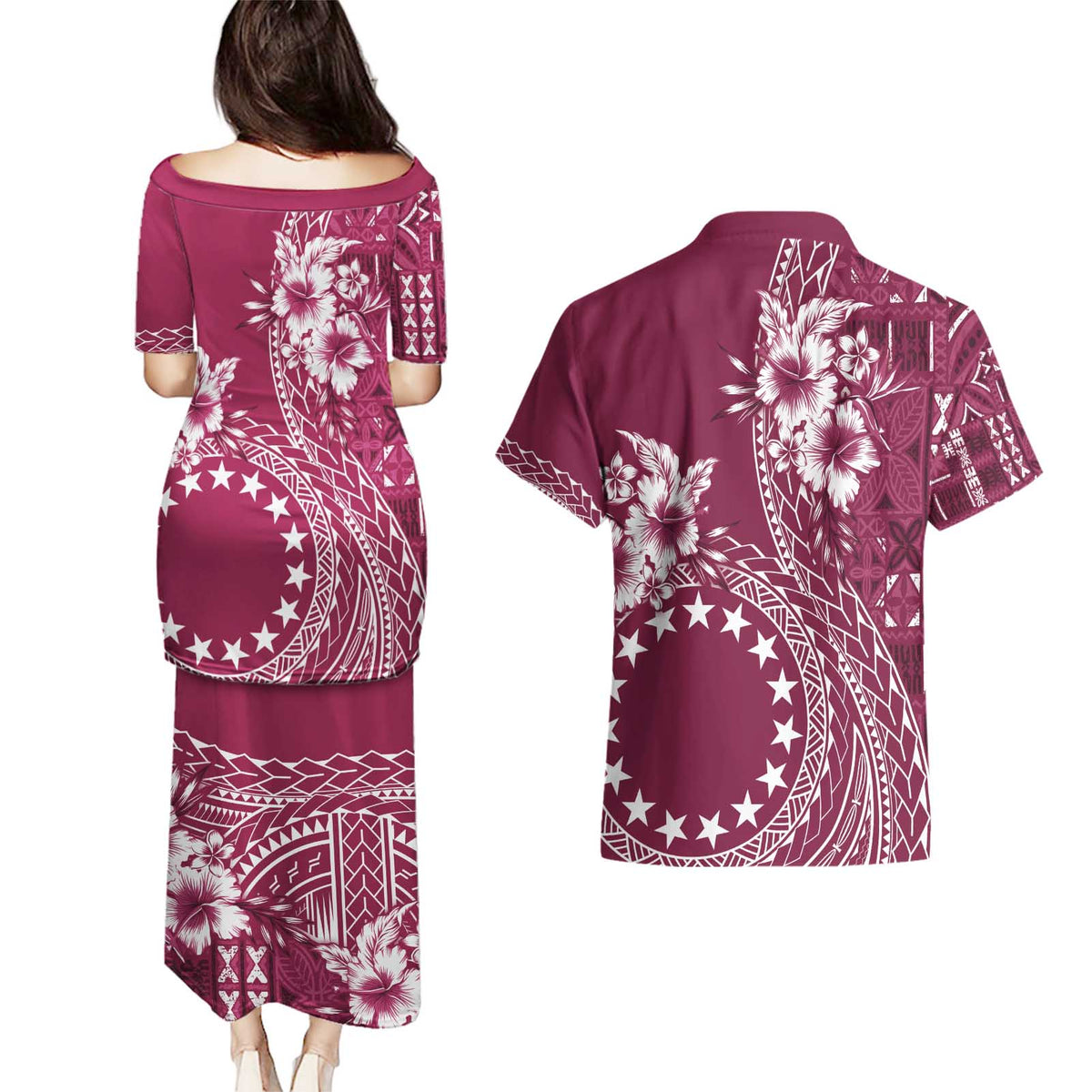 Kia Orana Cook Islands Couples Matching Puletasi and Hawaiian Shirt Tiare and Stars - Maroon