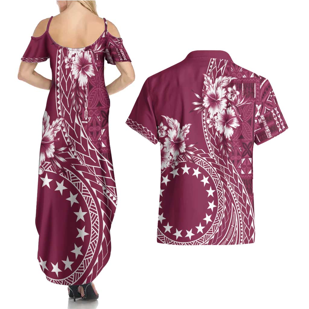 Kia Orana Cook Islands Couples Matching Summer Maxi Dress and Hawaiian Shirt Tiare and Stars - Maroon