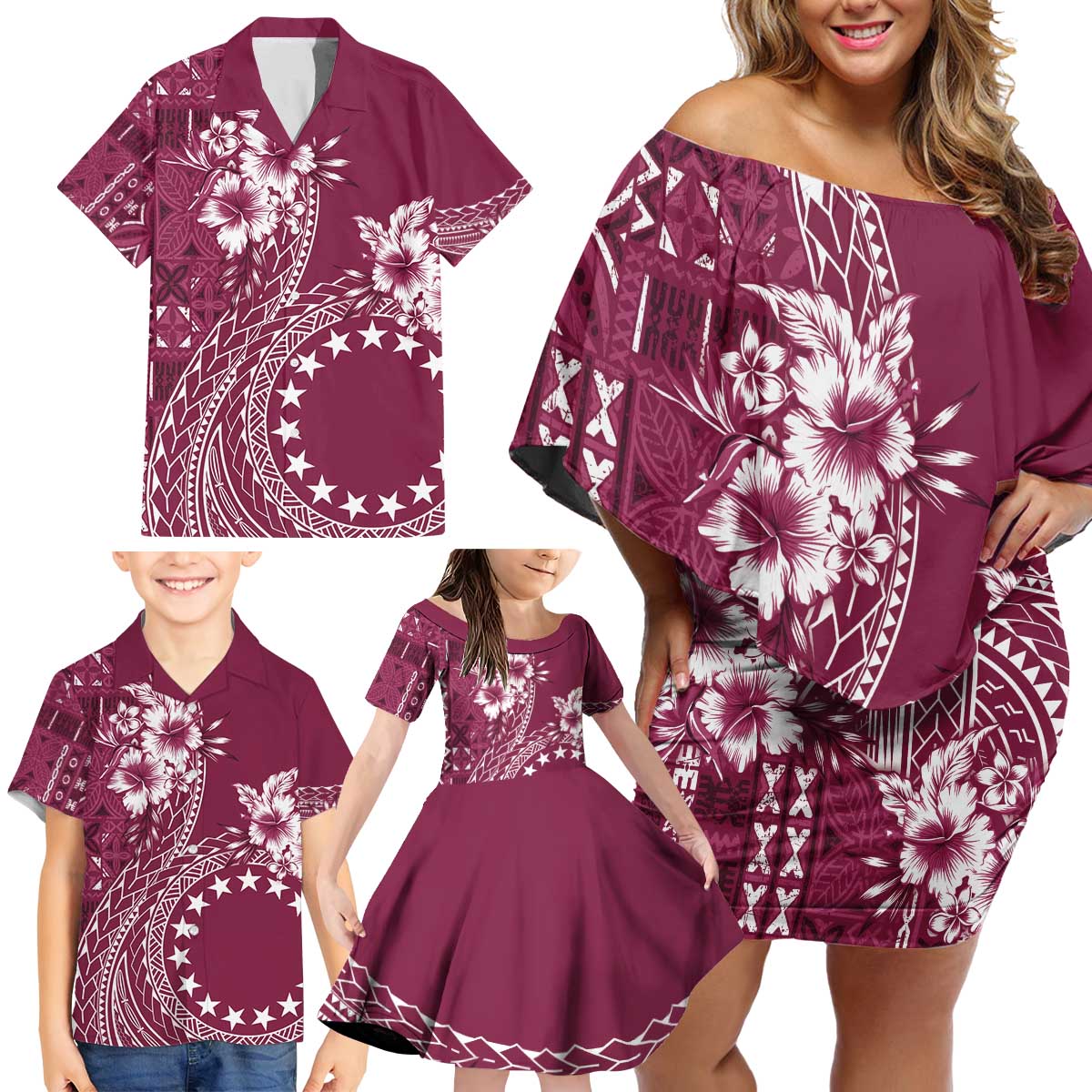 Kia Orana Cook Islands Family Matching Off Shoulder Short Dress and Hawaiian Shirt Tiare and Stars - Maroon