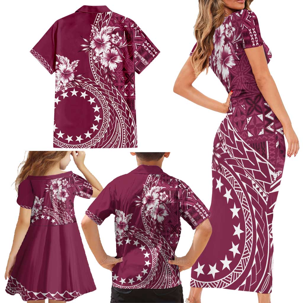 Kia Orana Cook Islands Family Matching Short Sleeve Bodycon Dress and Hawaiian Shirt Tiare and Stars - Maroon