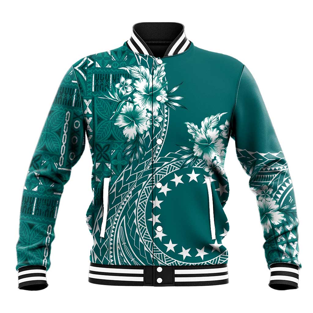 Kia Orana Cook Islands Baseball Jacket Tiare and Stars - Teal
