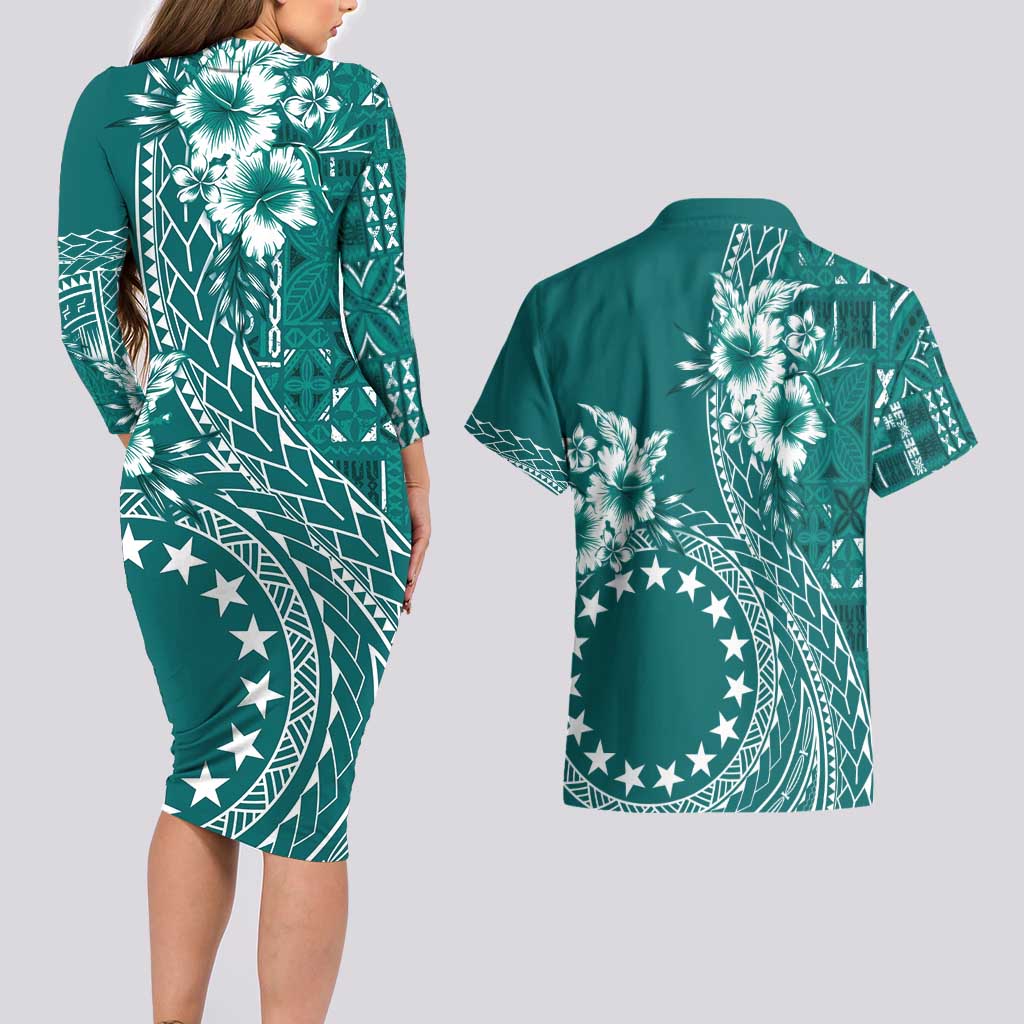 Kia Orana Cook Islands Couples Matching Long Sleeve Bodycon Dress and Hawaiian Shirt Tiare and Stars - Teal