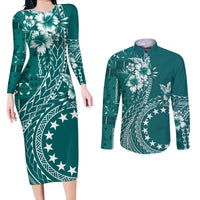 Kia Orana Cook Islands Couples Matching Long Sleeve Bodycon Dress and Long Sleeve Button Shirt Tiare and Stars - Teal