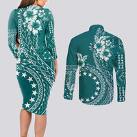 Kia Orana Cook Islands Couples Matching Long Sleeve Bodycon Dress and Long Sleeve Button Shirt Tiare and Stars - Teal