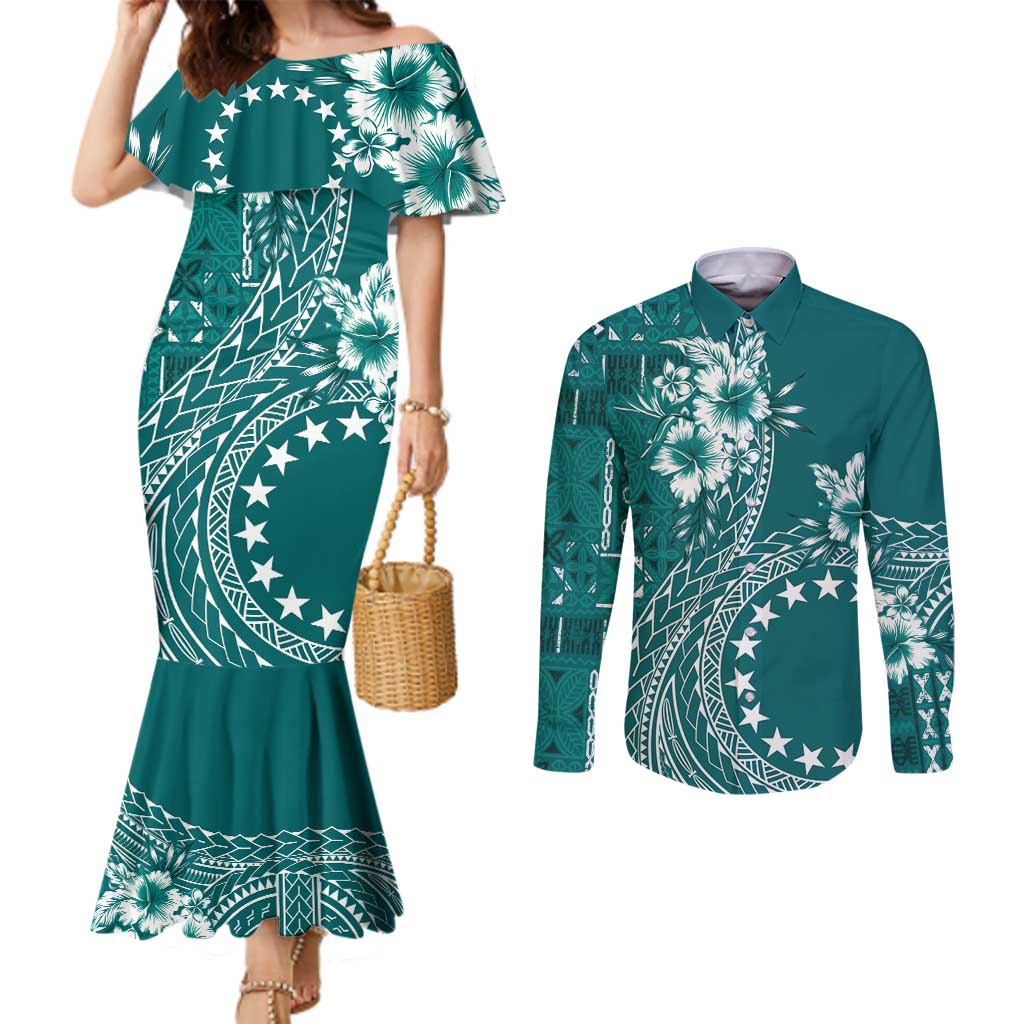 Kia Orana Cook Islands Couples Matching Mermaid Dress and Long Sleeve Button Shirt Tiare and Stars - Teal