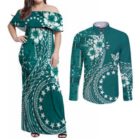 Kia Orana Cook Islands Couples Matching Off Shoulder Maxi Dress and Long Sleeve Button Shirt Tiare and Stars - Teal