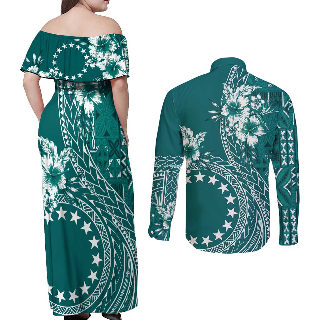 Kia Orana Cook Islands Couples Matching Off Shoulder Maxi Dress and Long Sleeve Button Shirt Tiare and Stars - Teal