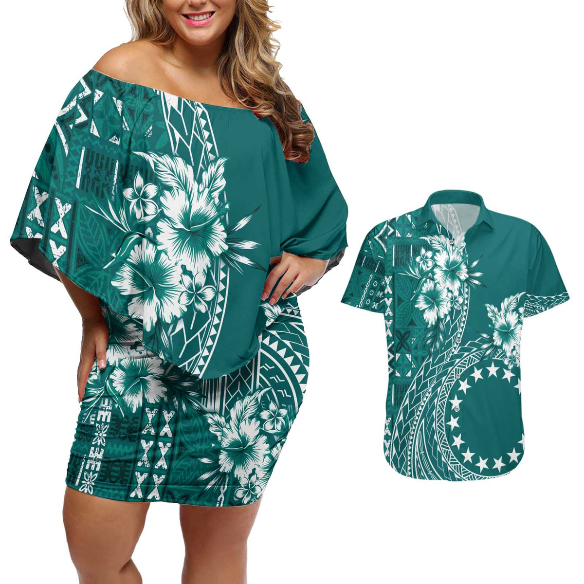 Kia Orana Cook Islands Couples Matching Off Shoulder Short Dress and Hawaiian Shirt Tiare and Stars - Teal