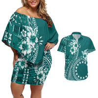 Kia Orana Cook Islands Couples Matching Off Shoulder Short Dress and Hawaiian Shirt Tiare and Stars - Teal