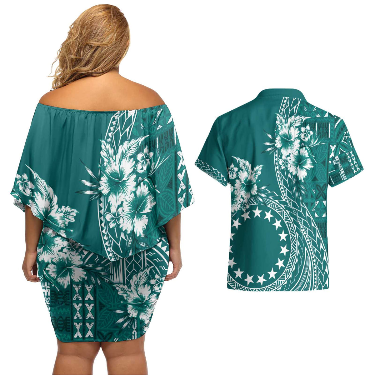 Kia Orana Cook Islands Couples Matching Off Shoulder Short Dress and Hawaiian Shirt Tiare and Stars - Teal