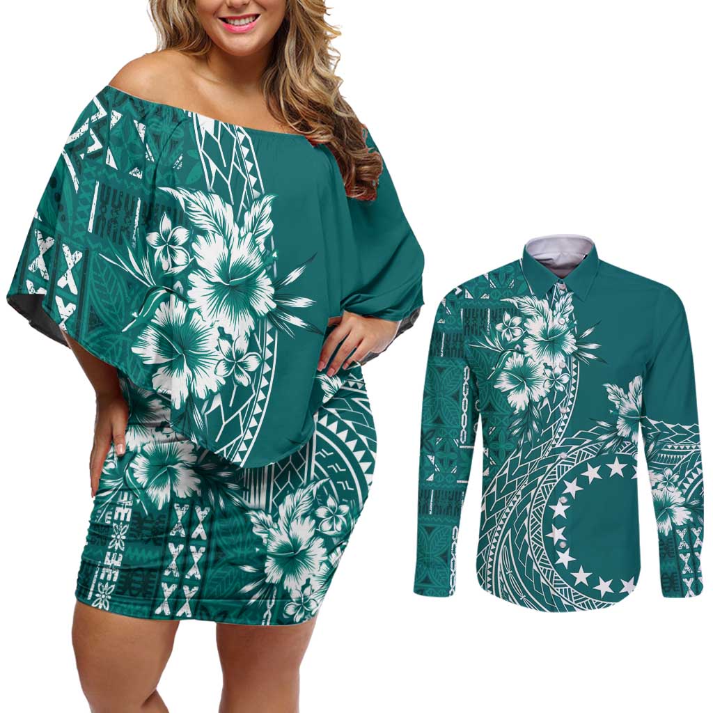 Kia Orana Cook Islands Couples Matching Off Shoulder Short Dress and Long Sleeve Button Shirt Tiare and Stars - Teal