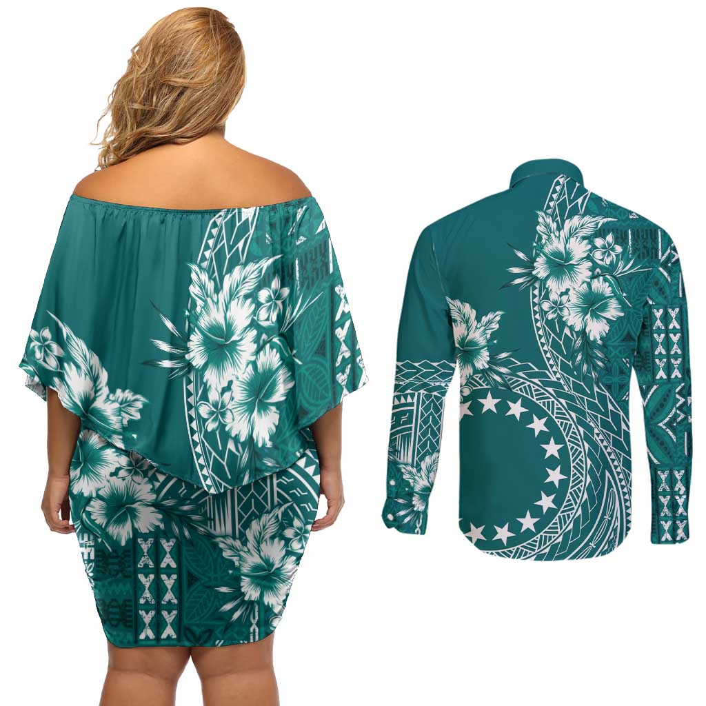 Kia Orana Cook Islands Couples Matching Off Shoulder Short Dress and Long Sleeve Button Shirt Tiare and Stars - Teal