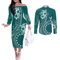 Kia Orana Cook Islands Couples Matching Off The Shoulder Long Sleeve Dress and Long Sleeve Button Shirt Tiare and Stars - Teal