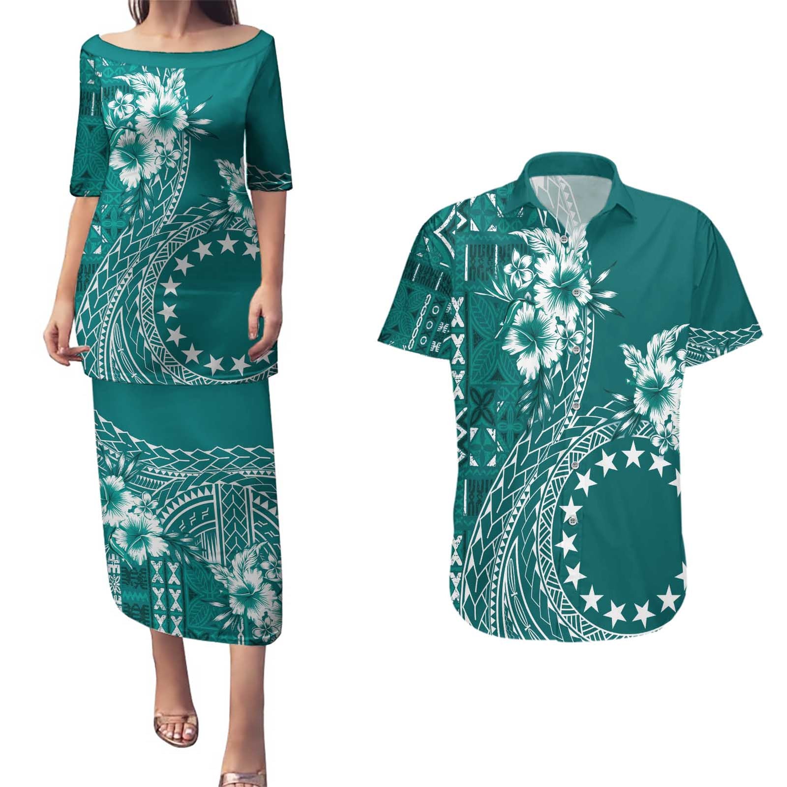 Kia Orana Cook Islands Couples Matching Puletasi and Hawaiian Shirt Tiare and Stars - Teal