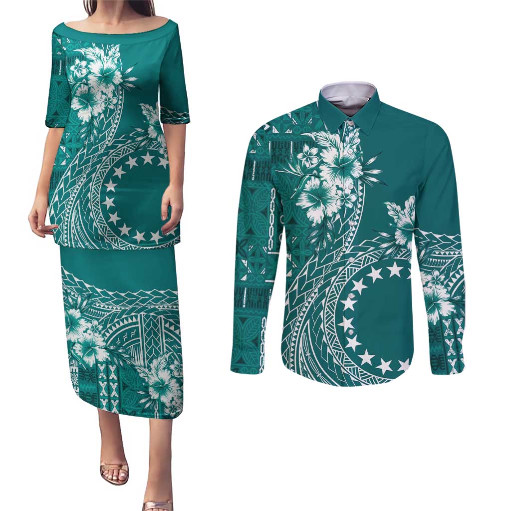 Kia Orana Cook Islands Couples Matching Puletasi and Long Sleeve Button Shirt Tiare and Stars - Teal