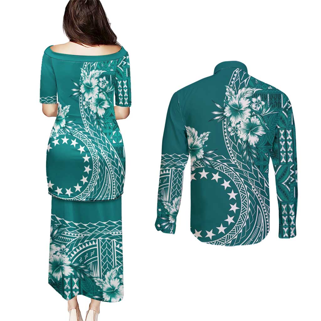Kia Orana Cook Islands Couples Matching Puletasi and Long Sleeve Button Shirt Tiare and Stars - Teal